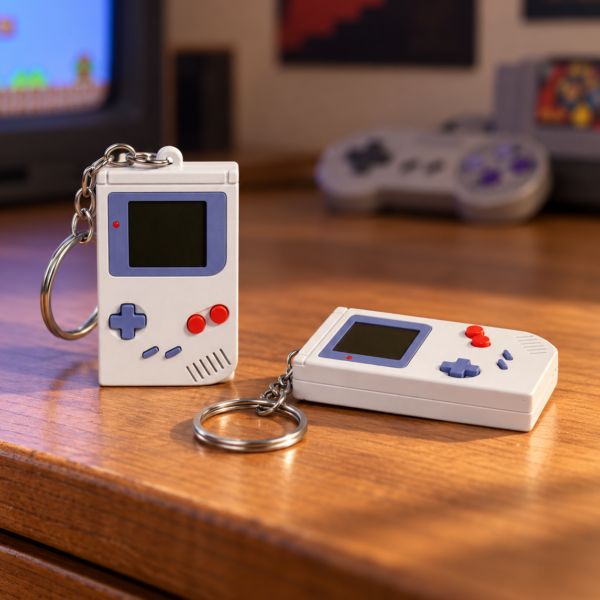 Llavero inspirado en las clásicas consolas portátiles, fabricado mediante impresión 3D con detalles en diferentes colores. Un pequeño accesorio retro ideal para llaves, bolsos o mochilas.