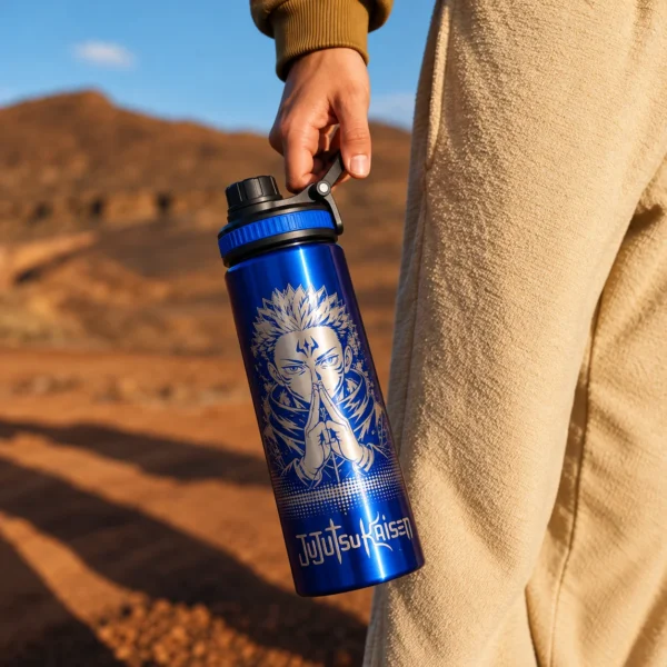 Botella Jujutsu Kaisen de aluminio azul de 800 ml con grabado láser inspirado en Sukuna.