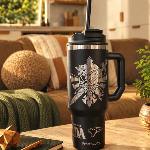 Tumbler Zelda Frost Buddy negro con grabado láser plateado, sostenido en las manos.