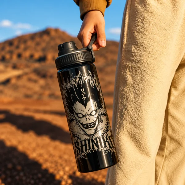 Botella Death Note Ryuk negra de aluminio de 800 ml con grabado láser y opción de nombre personalizado.