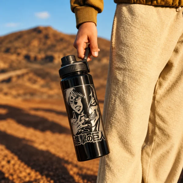 Botella negra de aluminio Attack on Titan de 800 ml con Eren Yeager grabado mediante láser.