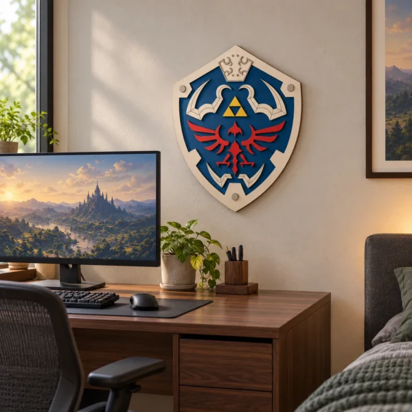 Escudo Hyliano de Zelda en madera multicapa sobre la pared de una habitación gamer.